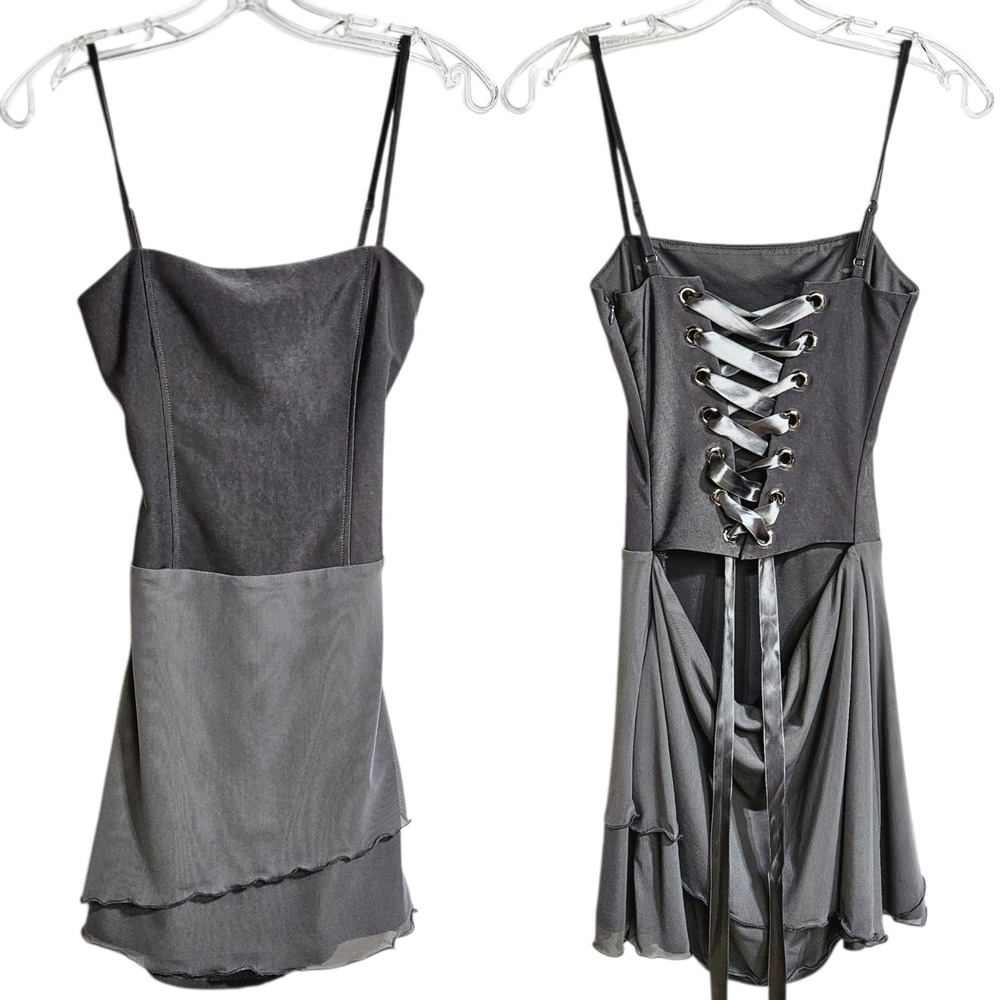 Tiger Mist Gray Corset Mesh Layered Mini Dress‎ XS Goth Grunge Y2K Dark Fairy